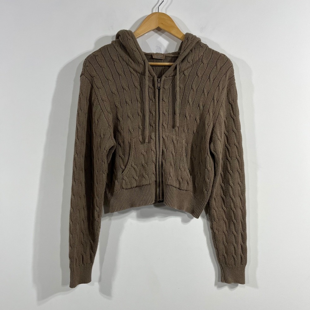 John Galt Preppy Fisherman Cable Knit Zip Up Hoodie Cropped Sweater Women Medium